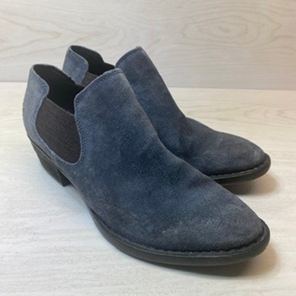 Born Womens 9 Ankle Boots Kerri Blue Suede Pointed Toe Chelsea Block Heel F52134